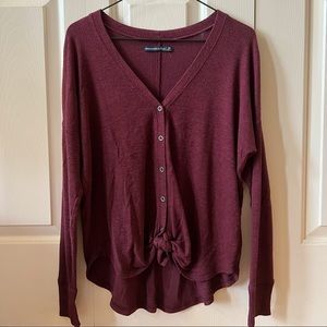 Abercrombie and Fitch V-neck Maroon Sweater w/ Buttons and Tie at bottom